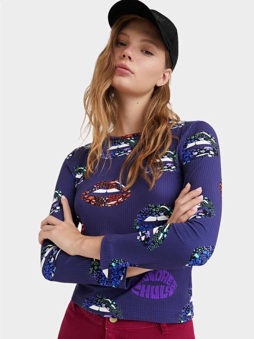 DESIGUAL ‘Gala’ Floral Lip Print Ribbed Top